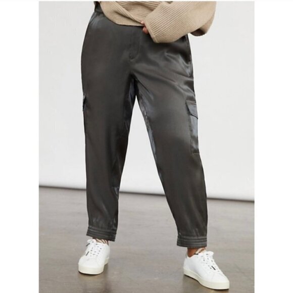 Anthropologie High Waist Metallic Shimmer Utility Cargo Joggers Sage Army Green - Picture 2 of 15